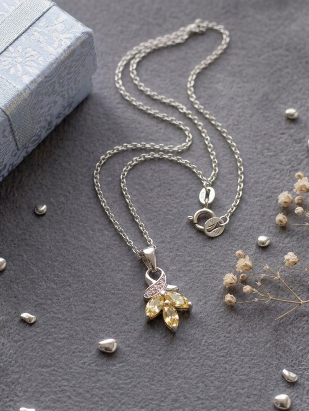 Nevada Silver Mine 925 Sterling Silver Yellow Marquise Pendant Necklace